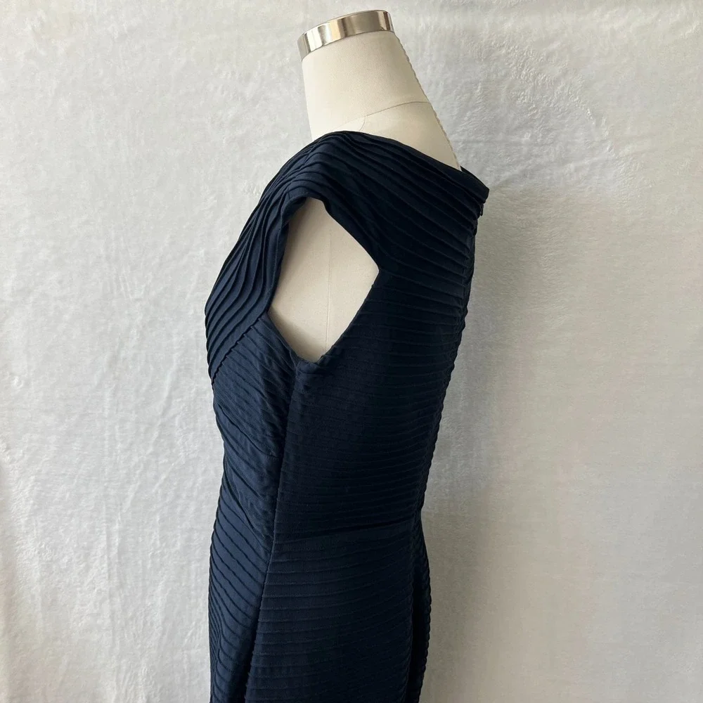 TADASHI SHOJI Pintuck Jersey Dress Navy‎ Blue Women's Size S Zipper Lined V Neck